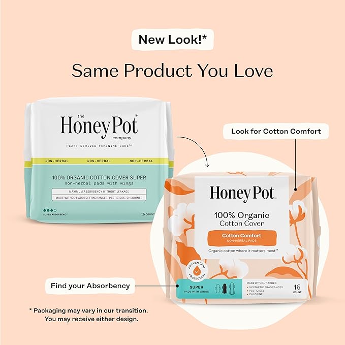 The Honey Pot Company - Sanitary Pads for Women - Non-Herbal Super w/Wings - Organic - Cotton Cover & Ultra-Absorbent Pulp Core - Feminine Care - 16 ct