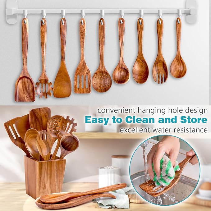 Wooden Spoons for Cooking, Premium Acacia Wood Kitchen Utensil Set, Handmade Wooden Utensils for Nonstick Cookware, Heat Resistant, Smooth Finish, Comfortable Grip, with Holder, Gift Ready