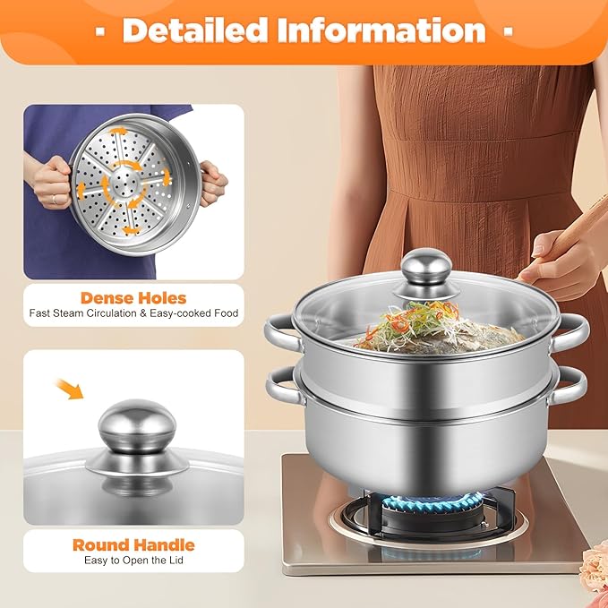5-Tier Stainless Steel Steamer, 24 Cm/9.44 Inch stainless steamer for cooking overlapping Multi-Functions Domestic Commercial Large Steamer with Transparent Pot Lid & Handles