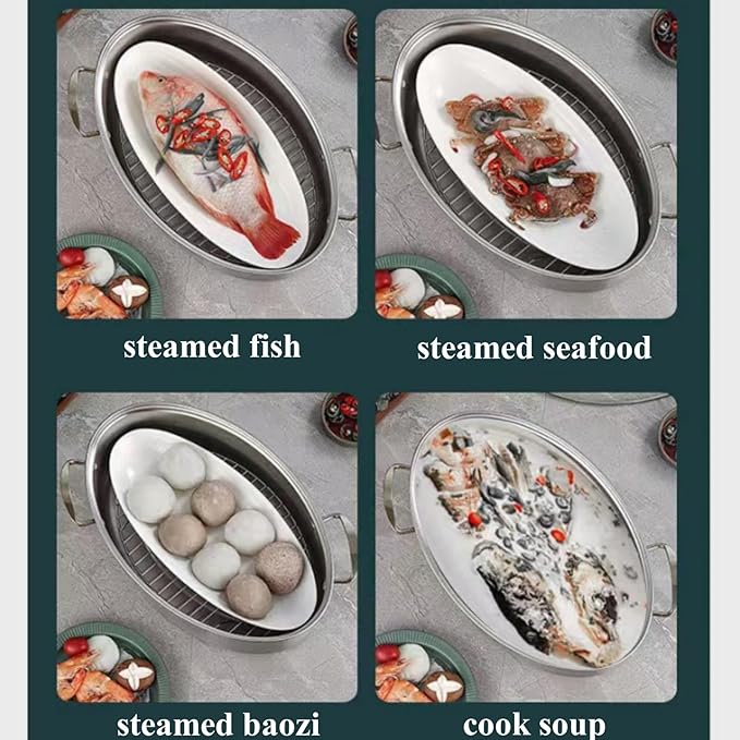 Stainless Steel Fish Steamer Set Large Steamer Pot for Steaming Fish, Boiling Soup Multi-Use Oval Cookware with Glass Lid, Rack, Pan, Chuck