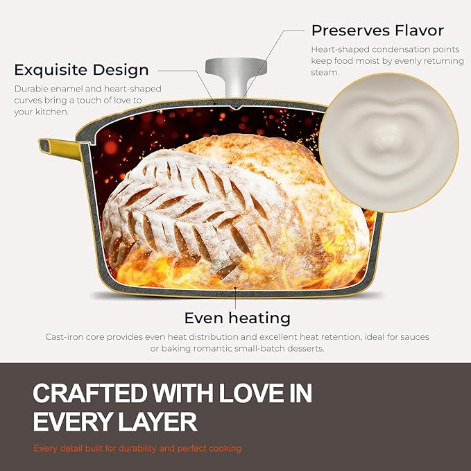 Overmont Enameled Cast Iron Dutch Oven - Heart-Shaped Pot with Lid Cookbook & Cotton Pot Holders - Mini Cookware Oven Safe to 500°F for Bread Baking Soups Stews - Great Gift for Wedding Birthday Housewarming 2QT Yellow