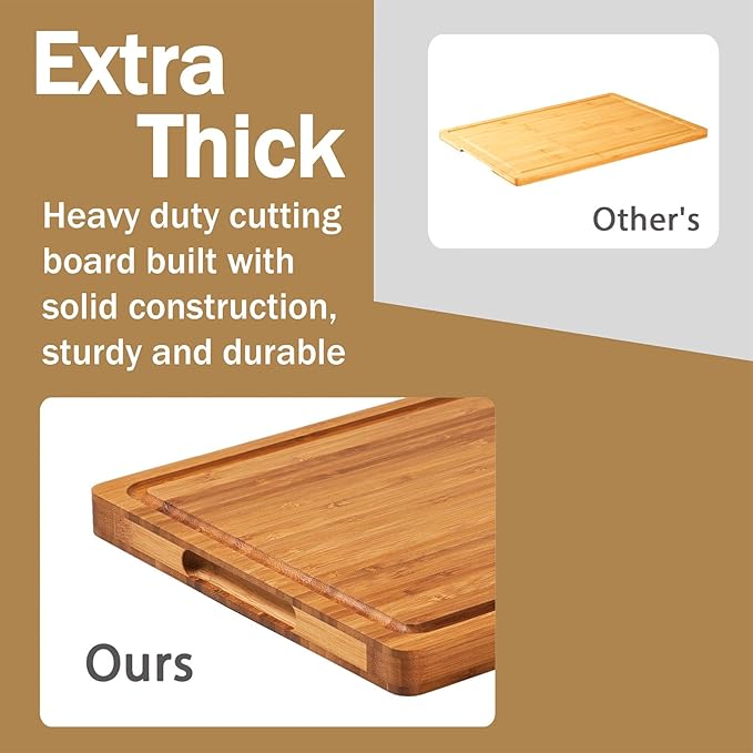 Bamboo Cutting Boards for Kitchen, Extra Thick Wood Butcher Block, Heavy Duty Wooden Chopping Block, Charcuterie Boards & Cheese Platter, 14"x10"x0.9"