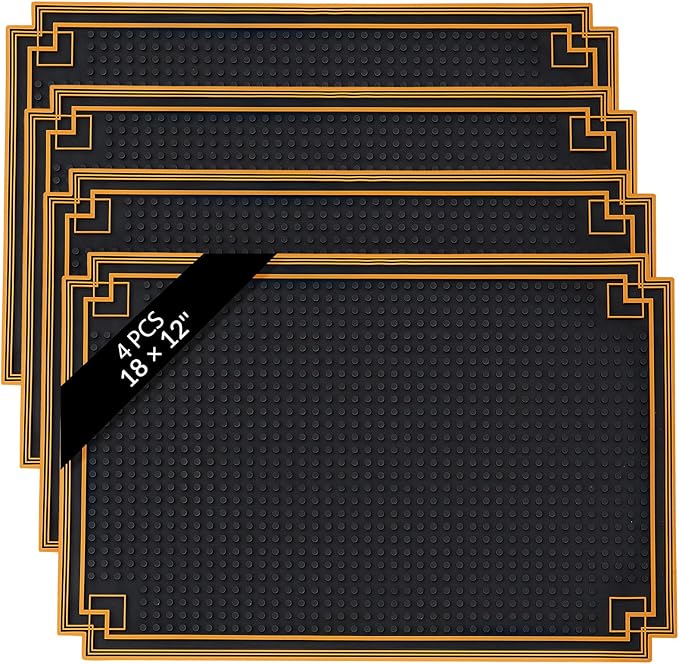 4 Pcs 18 x 12 Inch Bar Mat Non Slip Rubber Mat with Gold Border Durable Stylish Spill Cocktail Service Coffee Mats for Restaurants Barbershop Clippers Bartending, Black
