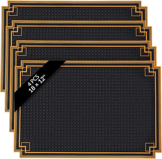 4 Pcs 18 x 12 Inch Bar Mat Non Slip Rubber Mat with Gold Border Durable Stylish Spill Cocktail Service Coffee Mats for Restaurants Barbershop Clippers Bartending, Black