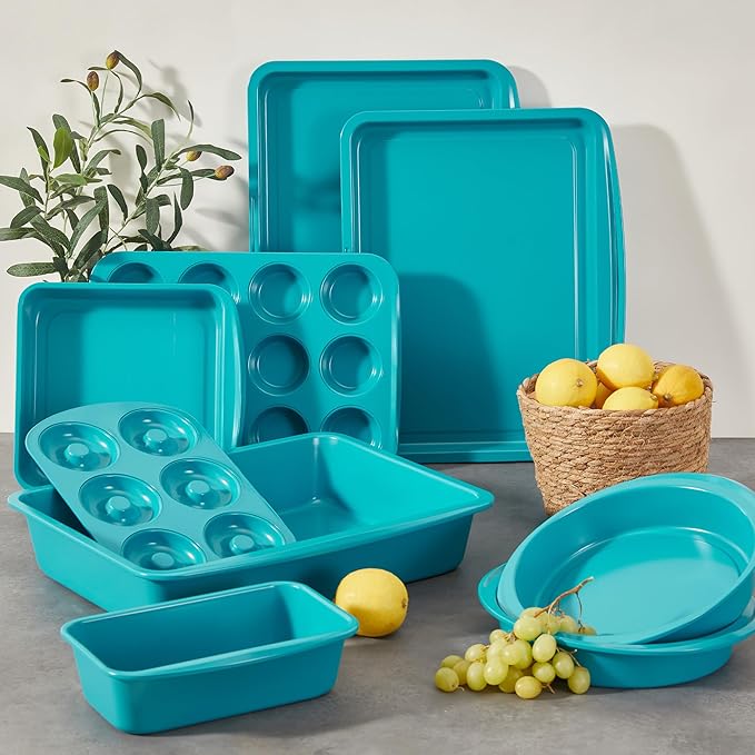 BRONYPRO Ceramic Baking Pans Set, 9-Piece Baking Sheet Set with Non-Stick Coating and Innovative Handles, Includes Exclusive Donut Pan – Ideal for Home and Professional Baking(Turquoise)
