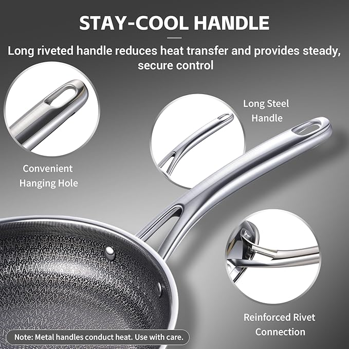 Ammeloo Tri-Ply Stainless Steel Frying Pan Set of 3, 8", 9.5", 11", Non Stick Frying Pans and Skillets, Non Toxic Hybrid Pan, Induction Compatible Cooking Pans, Chef Pan, Black Interior