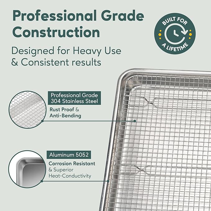 Ultra Cuisine Aluminum Baking Sheet with Stainless Steel Cooling Rack Set -Half Sheet Size Pan 13 x 18 inch, Durable Rimmed Sides, Easy Clean, Commercial Quality for Cooking and Roasting