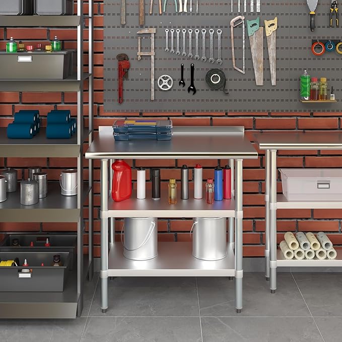 AmGood Stainless Steel Work Table with 1.5" Backsplash and 2 Shelves | Metal Kitchen Food Prep Table | NSF (36" Long x 24" Deep)