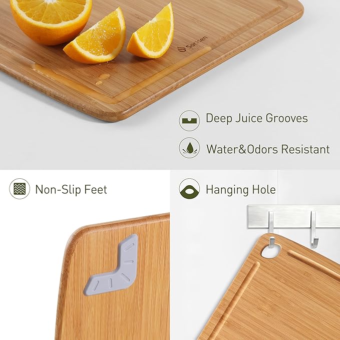Lightweight Durable Bamboo Cutting Board with Non-Slip Feet, Reversible Wood Cutting Board with Juice Groove Easy to Store & Clean, Water-Resistant Ideal Kitchen Gift for Home Cooks