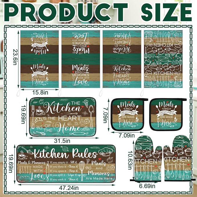 10 Pcs Farmhouse Kitchen Decor Teal Oven Mitts and Pot Holders Sets Vintage Kitchen Dish Towels Rustic Pattern Oven Gloves for Home Decorations Baking Cooking Birthday Valentines Gifts