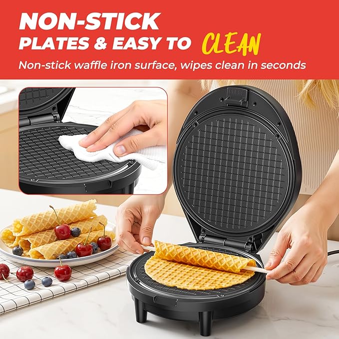 Waffle Cone Maker and Ice Cream Cone Maker with Cone Roller, 1000W Double Side Even Heating Thin Waffle Maker, Makes Crispy Waffle Cones, 7.5" Nonstick Plate Waffle Cone Maker Machine, Easy to Clean