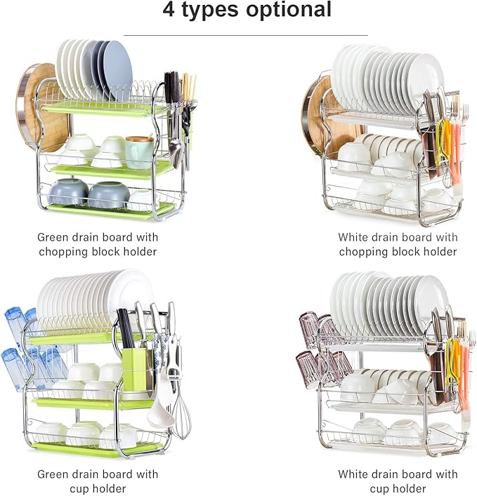 3 Tier Dish Racking System with Removable Drain Board - Sturdy Steel Kitchen Counter Organizer for Efficient Drying and Utensil Storage