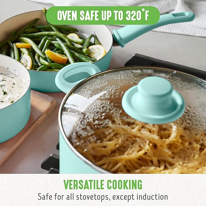GreenLife 6QT Nonstick Stockpot with Straining Lid, Soft Grip, PFAS-Free Ceramic, Pour Spout, Multipurpose Cooking Pot, Sauces & Soups, Milk Pan, Stay-Cool Handles, Dishwasher & Oven Safe, Turquoise