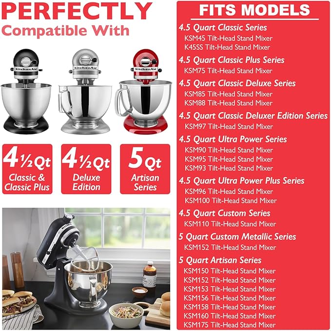 Stainless Steel Bowl for KitchenAid Classic&Artisan Series 4.5-5 QT Tilt-Head Mixer, 5 Quart 304 Stainless Steel Bowl with Handle, Dishwasher Safe