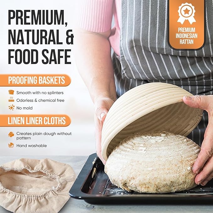 Banneton Bread Proofing Basket Set – Complete Sourdough Bread Baking Supplies – Sourdough Starter Kit – Sourdough Proofing Basket Gift for Bakers - Bread Baskets (9" Round & 10" Oval)