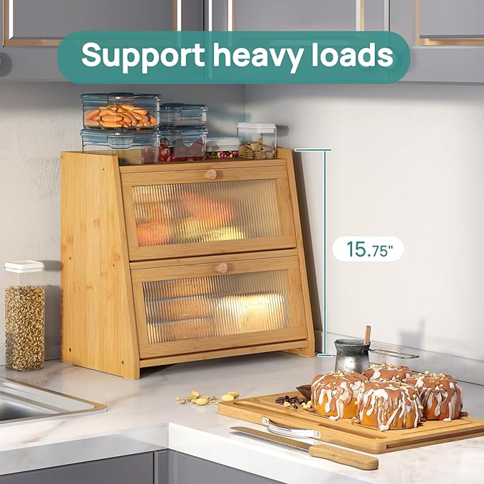 Large Bread Box for Kitchen Counter With Cutting Board, 2-Tier Bread Box, Bamboo Wood Large Capacity Bread Storage Bin with Acrylic Wavy Door Panel
