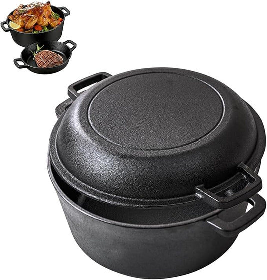 Cast Iron Pot with Lid, 10 Inch Dutch Oven Pot with Lid & Skillet Lid, 2-in-1 Pot & Pan Set for Bread Baking, Camping, Frying & Outdoor Cooking