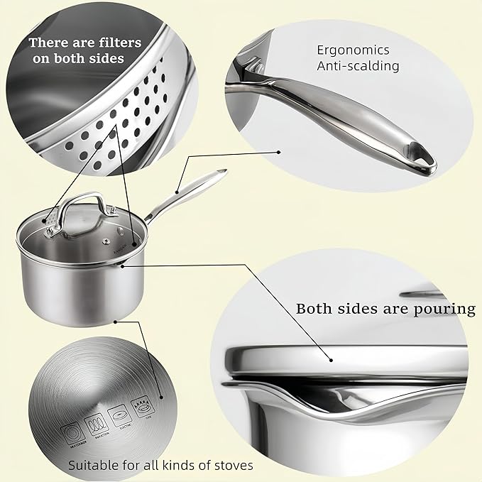 KANGXW 3.0 Quart Stainless Steel Saucepan With steamer,With Pour Spout and Filter Glass Lid Milk Pan, Sauce, Gravy, Pasta Stock Pot For All Stovetops(3.0 Quart With steamer)