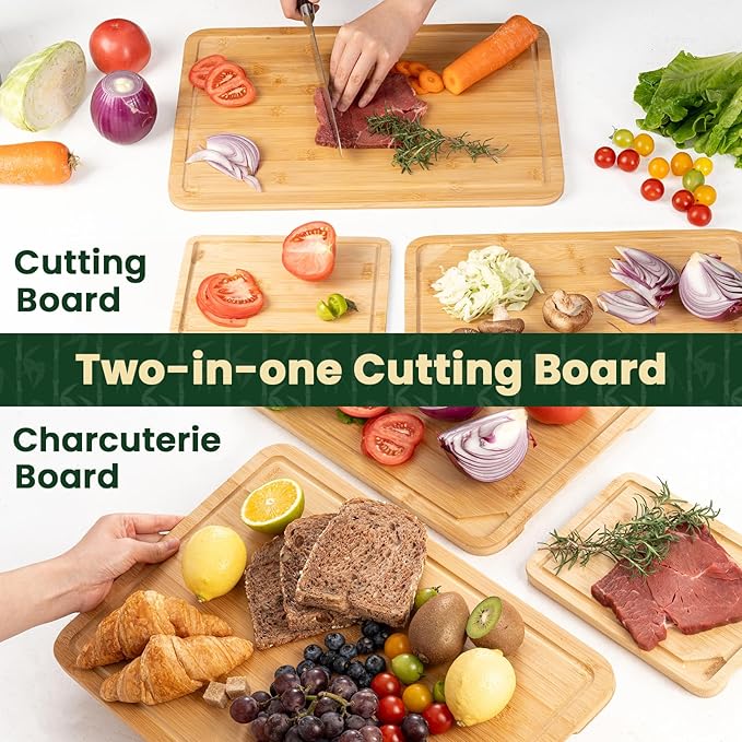 Heimlove 9” x 6” Mini Bamboo Cutting Board, Small Wooden Cutting Boards for Kitchen Charcuterie Boards with Juice Groove and Handles, Chopping Board for Fruit, Vegetables and Cheese