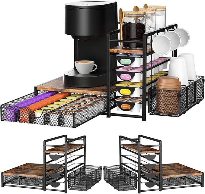 Coffee Bar Organizer - 90 K-Cup Capacity, 3 Hooks, Multi-Tier Storage for Pods, Mugs & Accessories, Tea Bags & Coffee Station Organizer, Space-Saving Kitchen Countertop K-Cup Holder