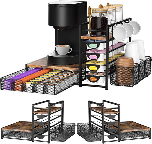 Coffee Bar Organizer - 90 K-Cup Capacity, 3 Hooks, Multi-Tier Storage for Pods, Mugs & Accessories, Tea Bags & Coffee Station Organizer, Space-Saving Kitchen Countertop K-Cup Holder