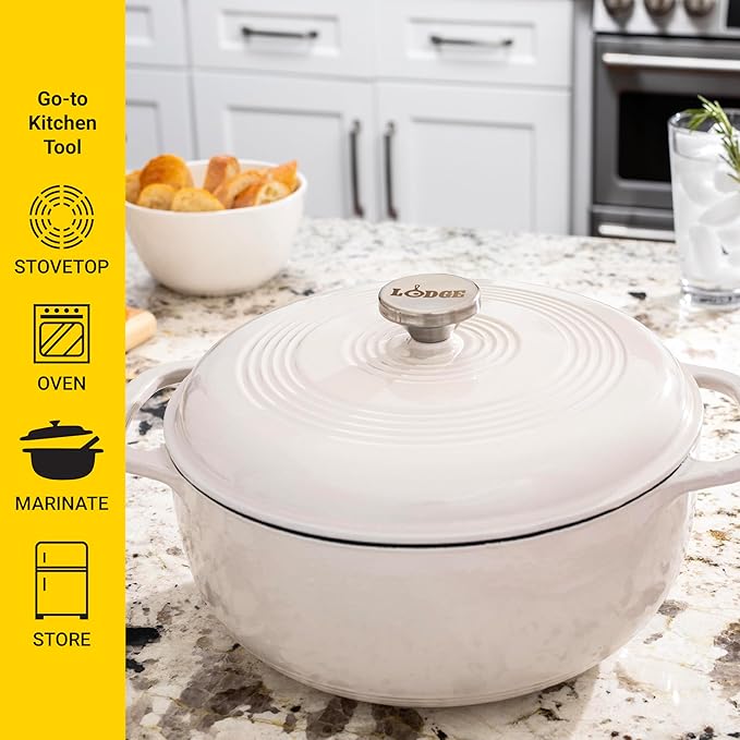 Lodge Essential Enamel Cast Iron Dutch Oven - Perfect for Bread Baking, Braising, Marinating & Slow Cooking - Features Moisture-Sealing Lid & Dual Handles - Kitchen Essentials - 6 Quarts - Oyster White