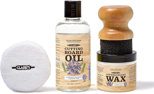 CLARK’S Cutting Board Oil and Wax Kit - Set includes Food Grade Mineral Oil (12oz), Finishing Wood Wax (6oz), Applicator Sponge & Buffing Pad, Enriched with Food Safe Lavender and Rosemary Extract