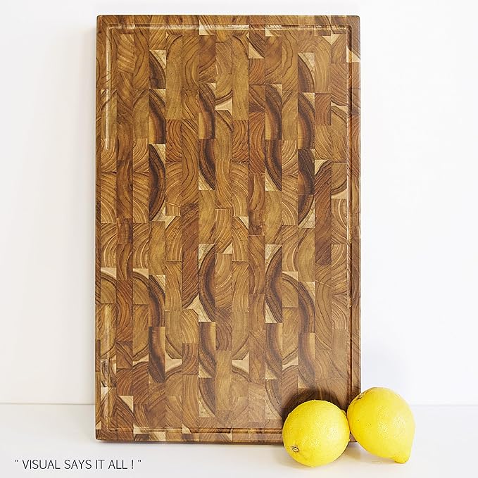 Teak Cutting Board - 15.7 x 10.2 Inch (ExtraThick 1.7") Premium Quality Butcher Block for Meat, Cheese, Charcuterie Board. Heavy Duty End Grain Wood Chopping Board with Handle (Oil & Plate Included)