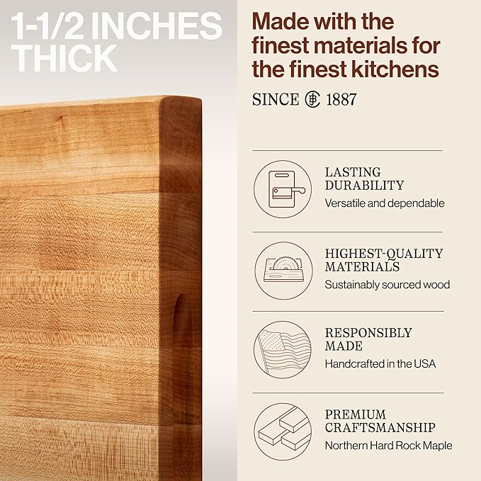 John Boos R-Board Series Rectangular Wooden Maple Cutting Board 20”x15” – 1.5” Thick, 12-lb Reversible Butcher Block with Edge-Grain & Finger Grips – Made in the USA