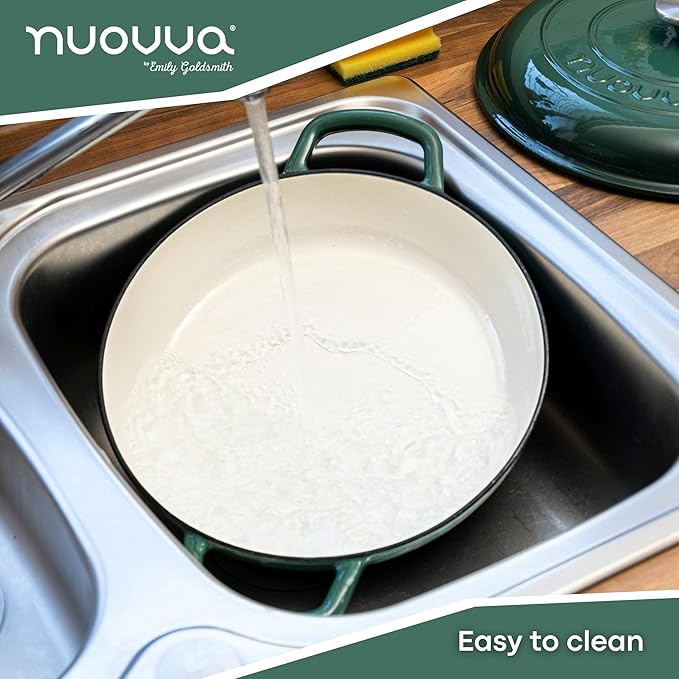 Shallow Cast Iron Casserole with Lid – Non Stick Dutch Oven Pot, Oven Safe up to 500° F – Sturdy Ovenproof Stockpot Cookware – Enamelled Cooking Pot – Dark Green, 5-Quart, 32cm – by Nuovva