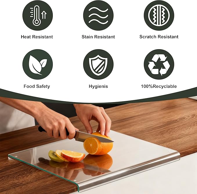 Clear Tempered Glass Cutting Board for kitchen with Counter Lip,Glass Chopping Board, Scratch-Resistant,Non-Slip (Clear)