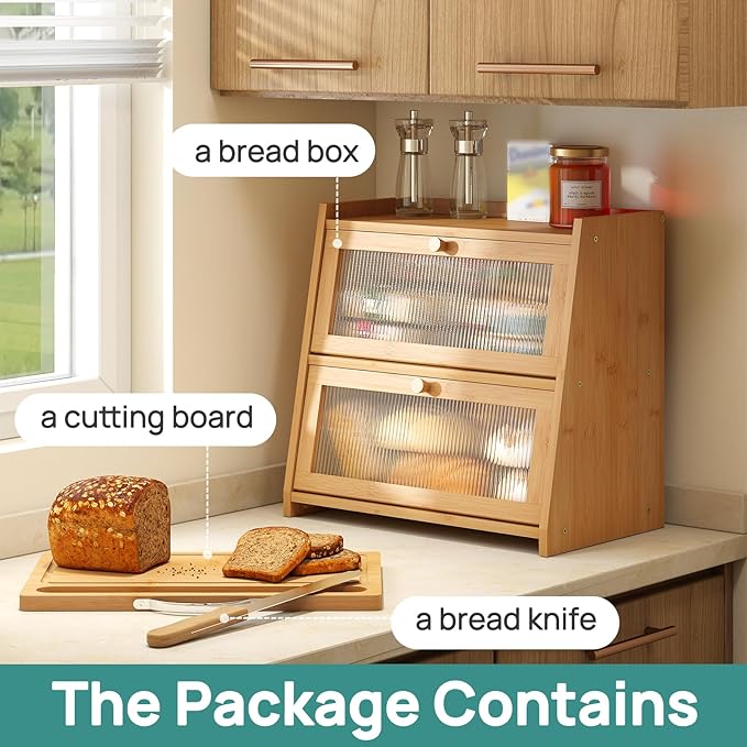 Large Bread Box for Kitchen Counter With Cutting Board, 2-Tier Bread Box, Bamboo Wood Large Capacity Bread Storage Bin with Acrylic Wavy Door Panel