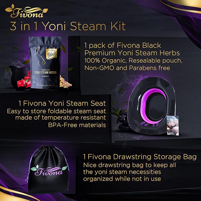 Fivona 3-in-1 Yoni Steam Kit Black - Foldable Over The Toilet Steamer Seat with Herbal Blend and Storage Bag - Effective Detox pH Balance Cleansing and Relaxation - at Home V-SPA