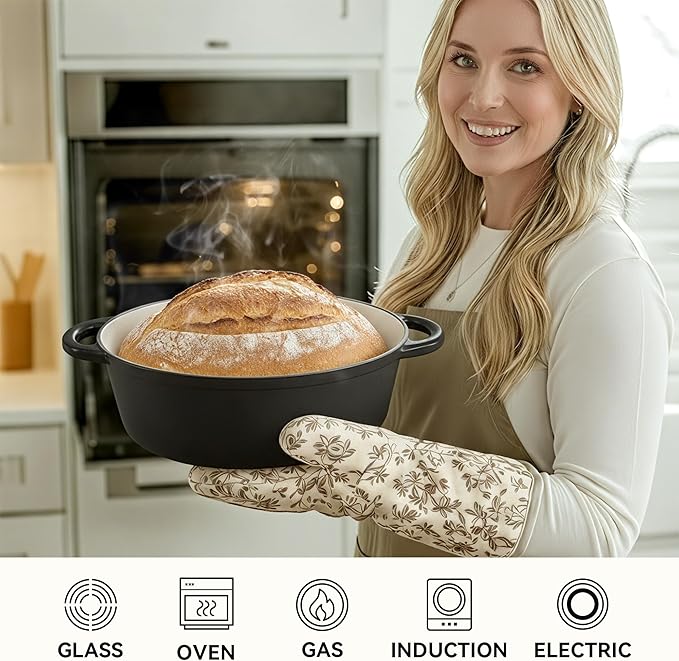 Oval Dutch Oven for Bread Baking, 4.5 Quart Non Stick Enameled Cast Iron Dutch Oven Pot with Lid, Oven Safe Oval Casserole with Lid up to 500°F for Baking, Braising, Stews, Roasting (Black)