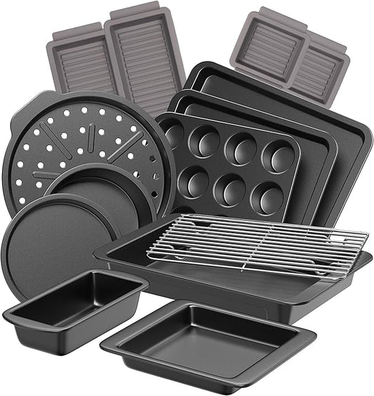 HONGBAKE Bakeware Sets, Baking Pans Set with Reusable Silicone Sheet Trays Dividers, Nonstick Oven Pan with Wider Grips, 14-Piece Including Rack, Cookie Sheet, Cake, Loaf, Muffin, Pizza Pan