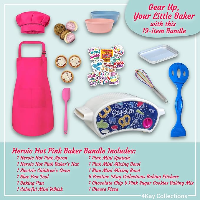 Ultimate Easy Baking Oven Bundle For Kids With 19 Items - Oven, 2 Refill Mixes, Apron, Hat, Bowl, Spatula, Whisk, 9 Stickers, Baking Pan & Tool (Heroic Hot Pink Baker Bundle)