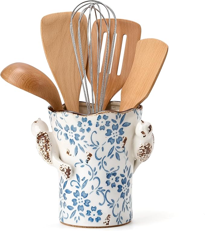 6.34“H Utensil Holder for Kitchen Counter, Modern Farmhouse Cooking Utensil Holder and Crock Home Kitchen Decor, Ceramic Utensil Organizer for Spatula, Ladle, Eggbeater, Rolling Pin- Blue and White