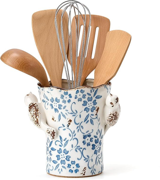 6.34“H Utensil Holder for Kitchen Counter, Modern Farmhouse Cooking Utensil Holder and Crock Home Kitchen Decor, Ceramic Utensil Organizer for Spatula, Ladle, Eggbeater, Rolling Pin- Blue and White