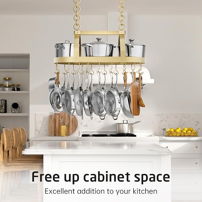 KES Gold 34 Inch Hanging Pot Rack, 100 LBS Capacity Heavy Duty Oval Pot and Pan Hanging Rack Ceiling Mount, Pot Pan Hangers Organizer for Kitchen Island with 20 Hooks (For 16" and 24" Joist)