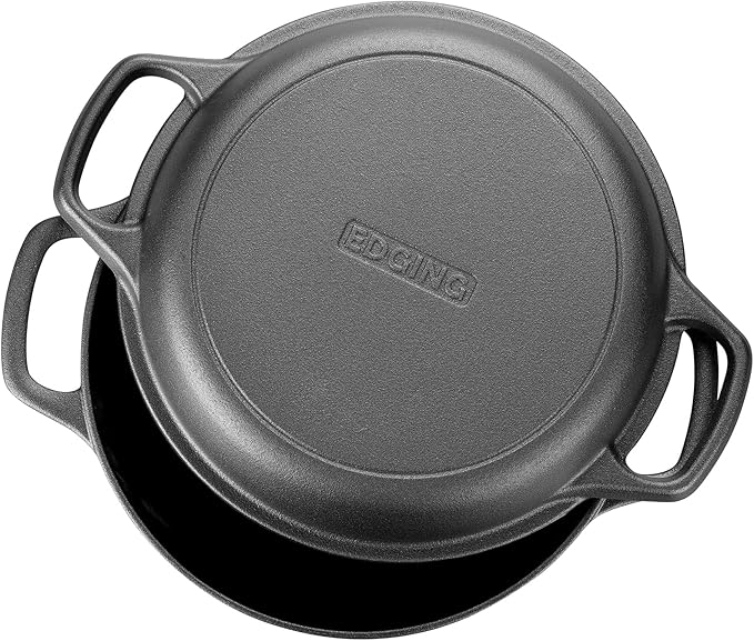 Pre-Seasoned Cast Iron Dutch Oven Pot with Skillet Lid Cooking Pan, 2-in-1 Sourdough Bread Baking Pan with Proofing Basket and Baking Supplies, 5QT
