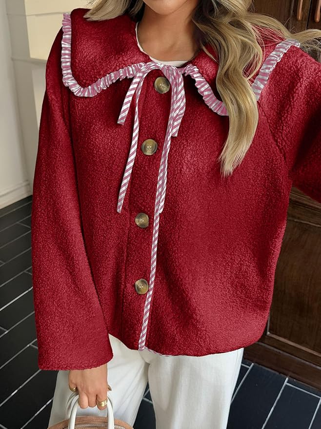 Tankaneo Womens Fuzzy Fleece Jacket Peter Pan Collar Button Down Fall Winter Sherpa Coats Colorblock Cute Warm Outerwear