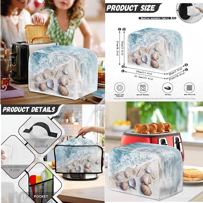 Beach Shell Kitchen Appliance Cover Set,Universal Size Blender Cover, Slow Cooker Cover and Toaster Cover 4 Slice, Waffles Maker Oven Dust Women Summer Decorations