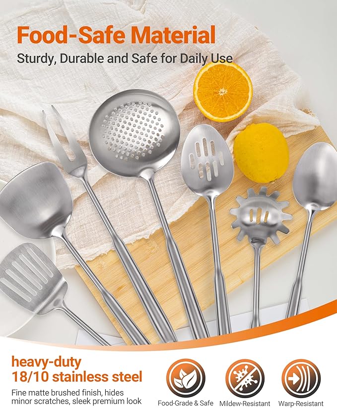 304 Stainless Steel Kitchen Utensils Set - 15PCS Long Metal Cooking Utensil Serving Utensils Set, Masher, Whisk, Turner, Serving Spoon, Fork, Tongs, Skimmer, Ladle, etc (Dishwasher Safe)