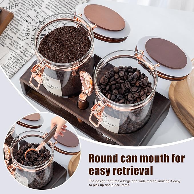 Glass Coffee Canister Set, 2-Piece Coffee Container for Bean Storage, Sealing, Coffee Bar Accessories, Shelf for Kitchen Organization (Acacia wood quality, 1)