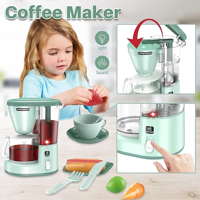 Kids Play Kitchen Accessories, Pretend Play Kitchen Appliance Toy Set with Coffee Maker, Toaster, Blender, Mixer, Kitchen Toys with Light & Sound, Play Kitchen Sets for Kids Ages 3 4 5 6