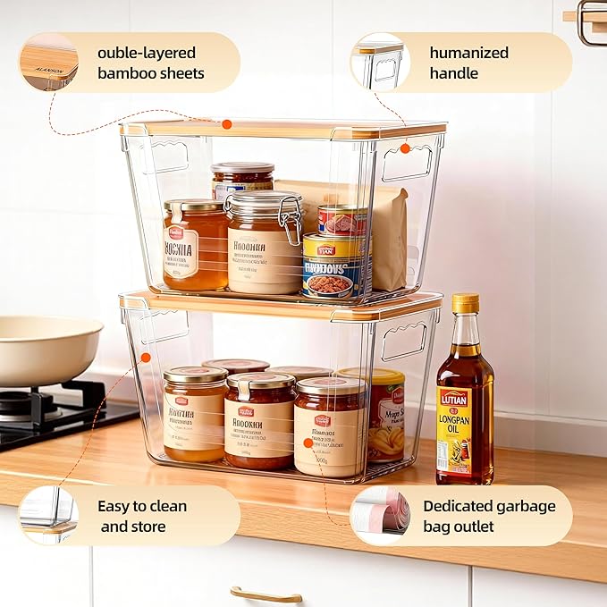 2 Pack Multi-Function Storage Boxes with Bamboo Lids, Trash Bag Organizer, Suitable for Organizing Kitchen, Cabinets, Under Sink, Laundry Room and Pantry (Clear, 2 Pack)