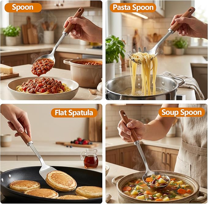 9PCS Cooking Utensils Set, 18/10 Stainless Steel Kitchen Utensils with Wooden Hanlde, Metal Cooking Utensils Set, Spatula, Ladle, Skimmer, Spaghetti Spoon, Potato Masher, Easy To Clean