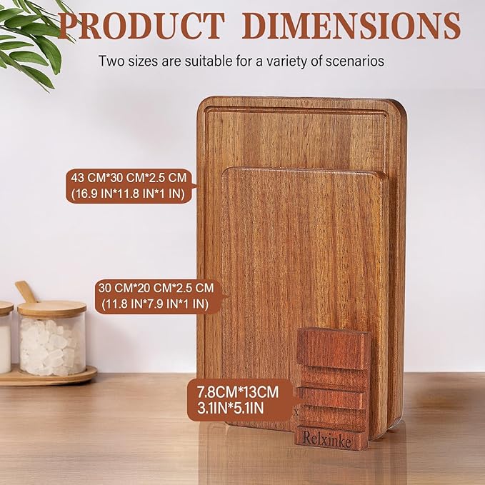 Solid Teak Wood Cutting Board Set One Piece Non Glued Large Thick Crack Resistant Wooden Chopping Board with DeepJuice Grooves Built in Handles for Kitchen Meat Bread 16.9x11.8IN &11.8*7.9IN