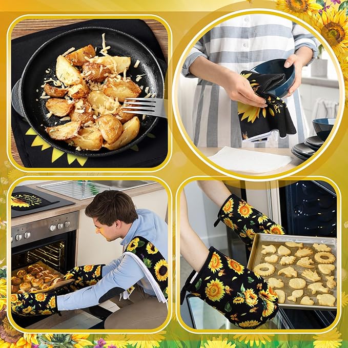 10 Pcs Sunflower Kitchen Decor Sunflower Oven Mitts and Pot Holders Set Black Dish Towels Summer Rugs Mats Farmhouse Kitchen Accessories for Chef Baking Cooking Grilling BBQ Women Home Gift