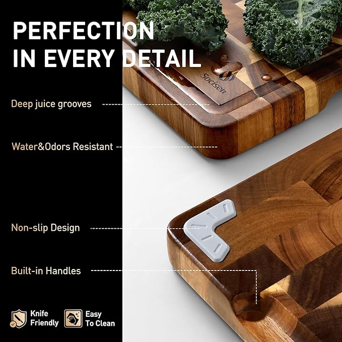End Grain Cutting Board Set of 3 with Non-slip Feet, Reversible Acacia Wood Cutting Boards for Kitchen with Juice Grooves and Handles Non Toxic Chopping Board Butcher Block Serving Tray Kitchen Sets